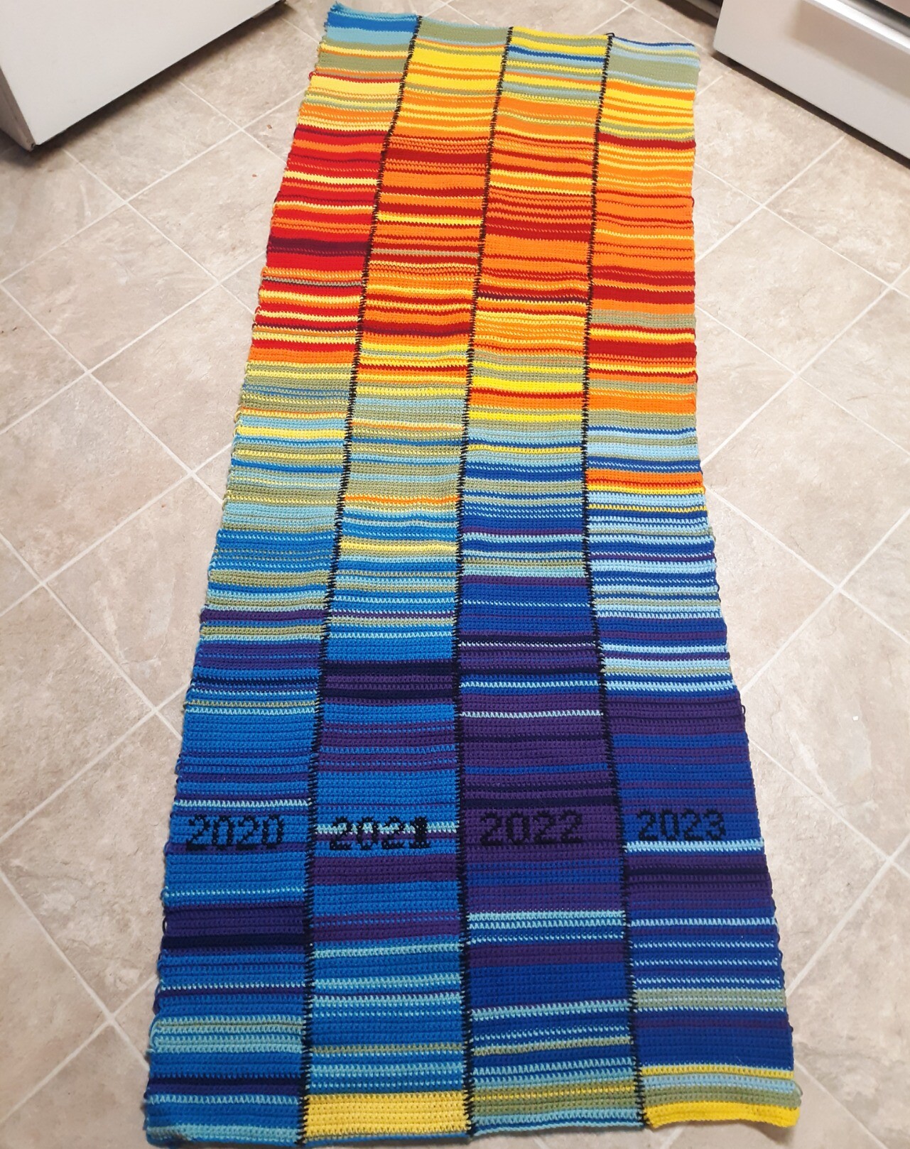 A long crochet piece made of four columns in rainbow colors. Each column is labeled with the year in black stitching. The gradient of colors moves from blues in the winter and oranges and yellows for the summer. Noticeable sections are the very hot summer __of 2020 in magenta, and the colder than average winter of 2022 in purple.